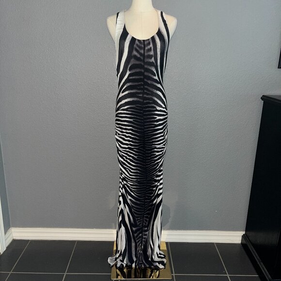 SKY ZEBRA SEXY BODYCON MAXI DRESS WITH LEATHER STRAPY CAGE RACER BACK - EUC - S - Picture 1 of 14